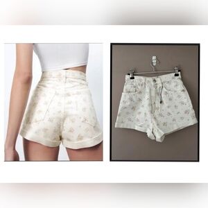 Zara Cream Printed Mom Fit Roller Floral High Waist Shorts